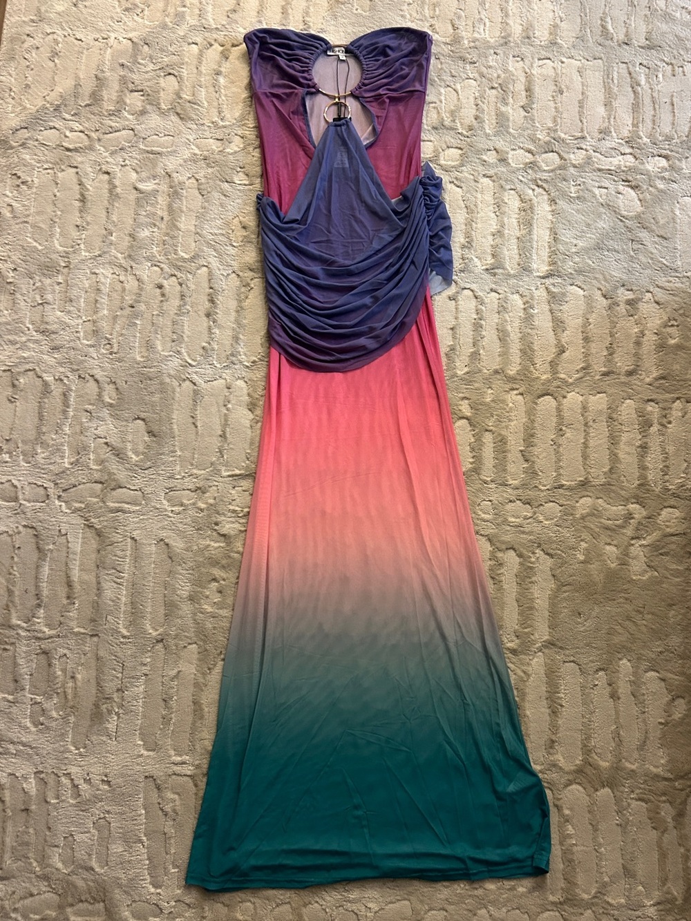 Ombre Pink to Teal Sleeveless Maxi Dress with Purple Draped Bodice